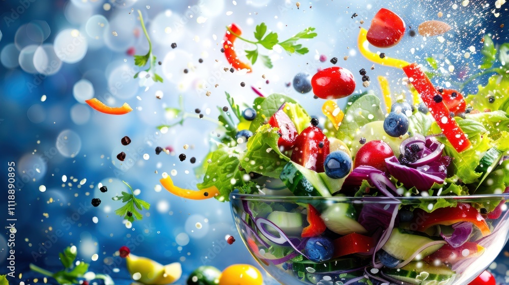 Vibrant fresh salad with flying vegetables and berries in a glass bowl. Vibrant fresh salad with flying vegetables and berries in a glass bowl.