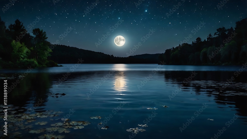 Tranquil Night Lake Scene Under Full Moon And Stars Tranquil Night Lake Scene Under Full Moon And Stars