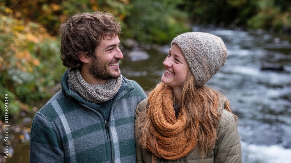 Happy Couple by the River in Autumn Happy Couple by the River in Autumn