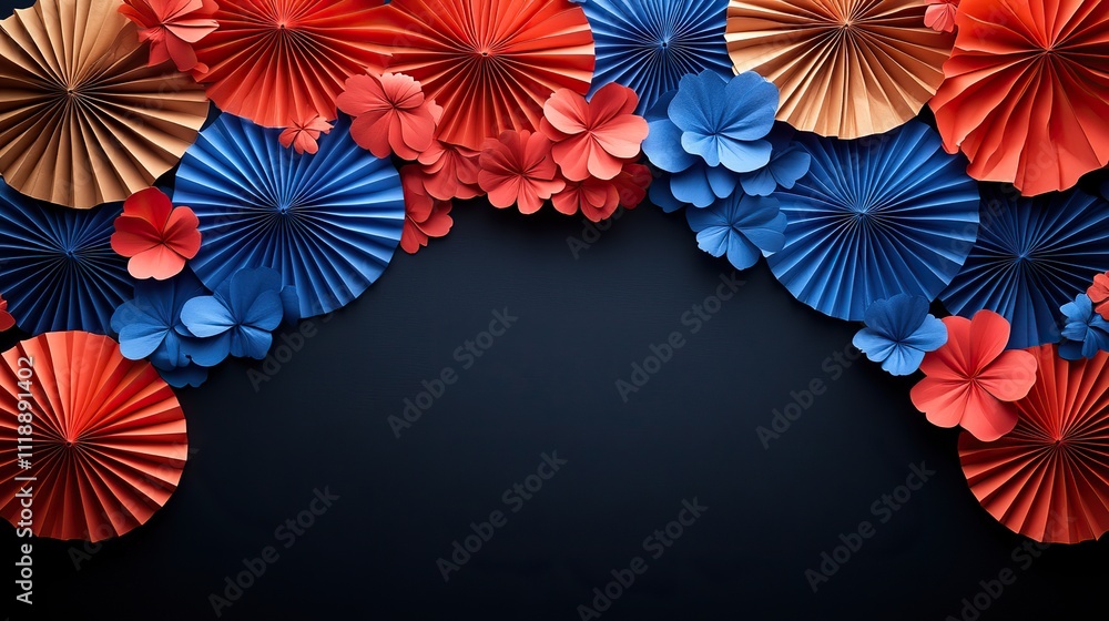 Obraz premium A banner featuring paper fans in red, white, and blue on a black background