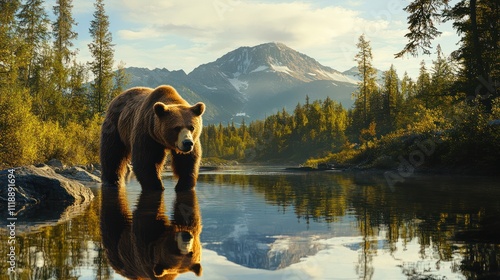 A bear standing in the middle of a river, surrounded by pine trees and mountains