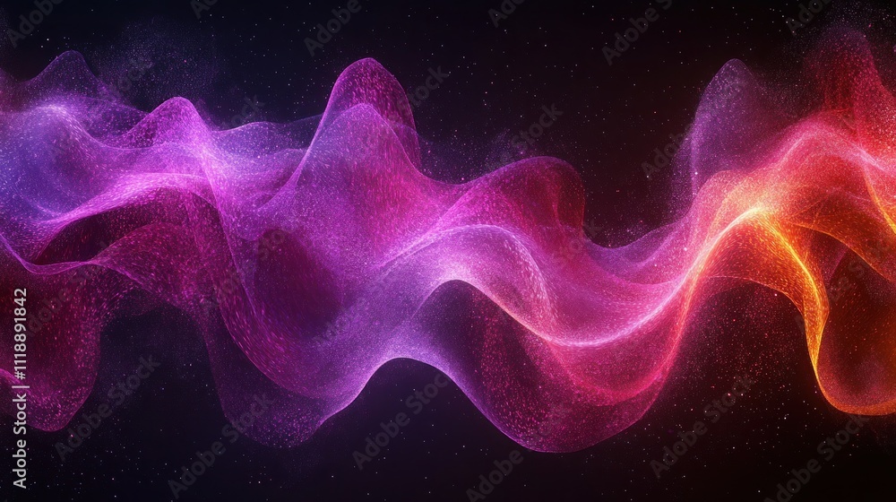 Obraz premium Abstract glowing wave of pink, purple, and orange particles on a dark background.