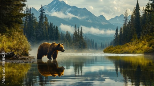 A bear standing in the middle of a river, surrounded by pine trees and mountains