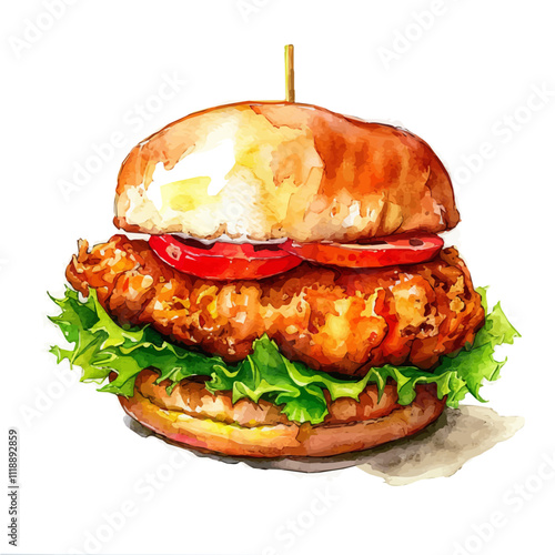 A watercolor vector of a chicken sandwich, isolated on a white background. Chicken sandwich vector.