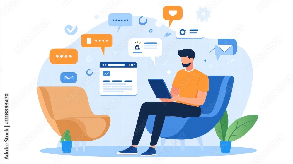 Man Working Remotely on Laptop with Notifications Man Working Remotely on Laptop with Notifications