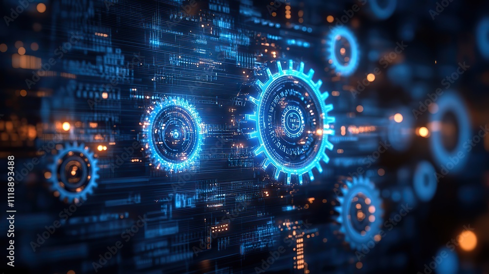A blue background with white gears and binary code, symbolizing digital technology for industrial control systems A blue background with white gears and binary code, symbolizing digital technology for industrial control systems