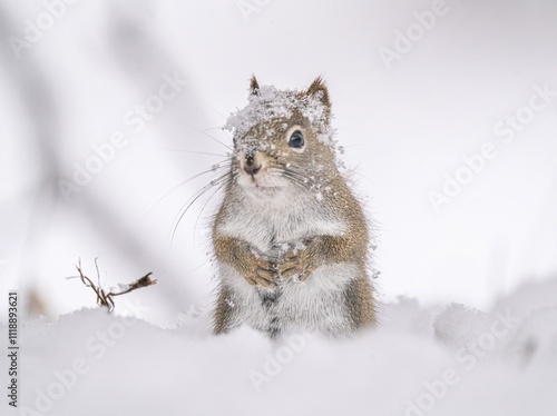 Red squirrel and his first winter snow storm of the season. December 5th, 2024
