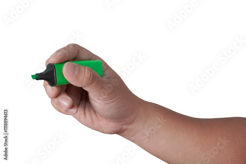 Male person hand holding highlighter pen, writing position, cut out isolated