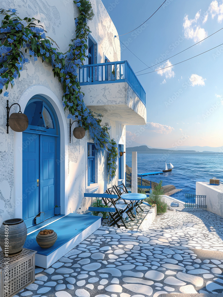 Obraz premium A serene coastal scene featuring a blue door, stone pathway, and ocean view.