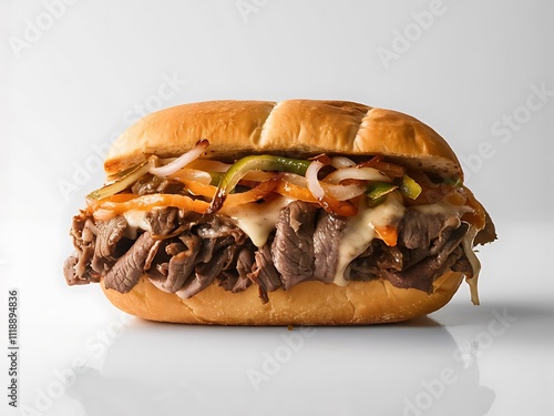 Philly Cheesesteak, top view, isolated on white background