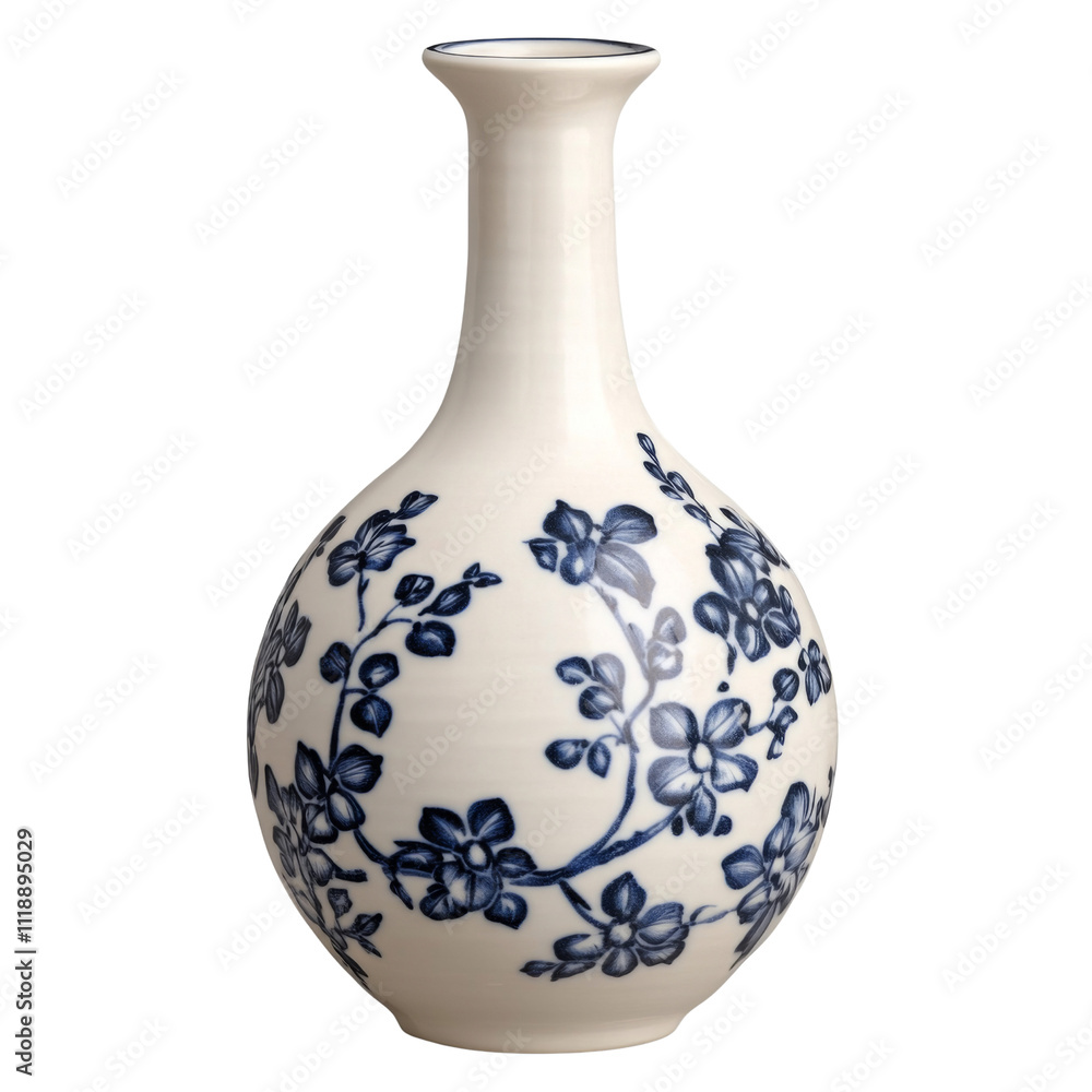 a matte white ceramic sake bottle with a traditional Japanese pattern painted in blue, isolated on transparent background png