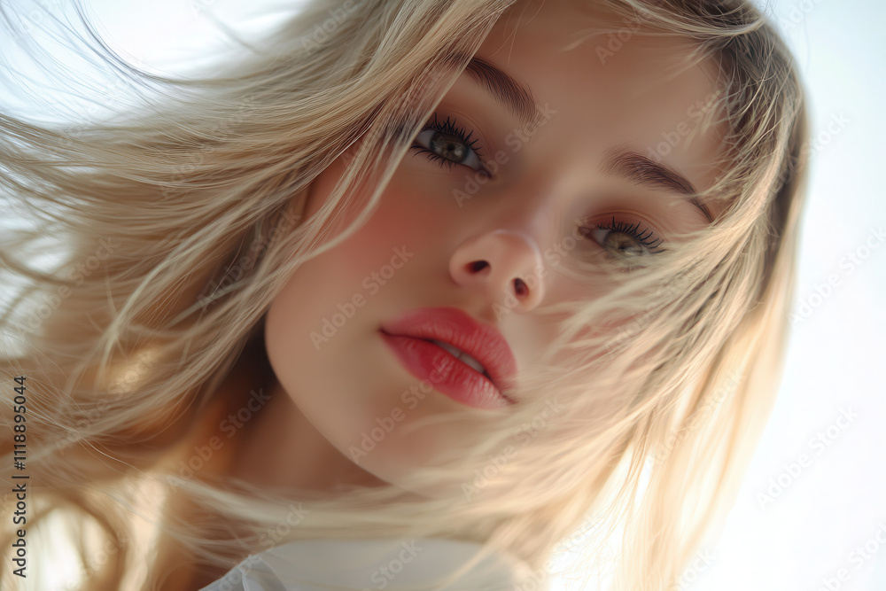 A close-up portrait of a young woman with flowing hair and expressive eyes. A close-up portrait of a young woman with flowing hair and expressive eyes.