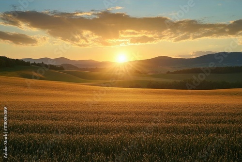 A serene sunset over golden fields and rolling hills.