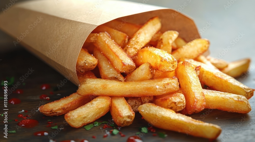 Crispy Golden French Fries in a Brown Paper Bag on a Table Crispy Golden French Fries in a Brown Paper Bag on a Table