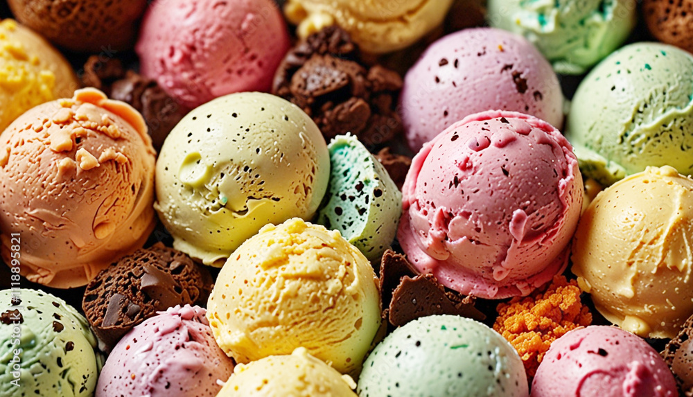 Colorful ice cream scoops in a variety of flavors, including chocolate, vanilla, and strawberry, are beautifully arranged, surrounded by chocolate chips and crumb. Generative AI Colorful ice cream scoops in a variety of flavors, including chocolate, vanilla, and strawberry, are beautifully arranged, surrounded by chocolate chips and crumb. Generative AI
