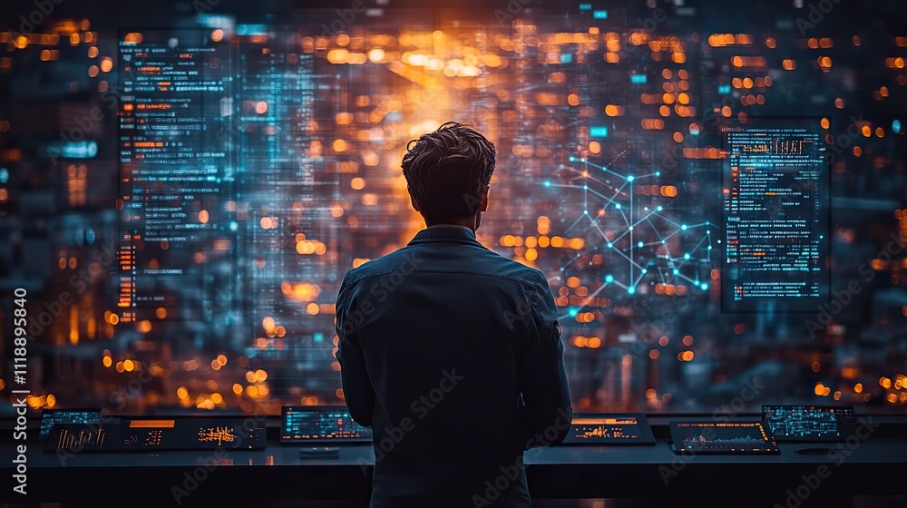 A businessman stands before a digital screen with a technology connection pattern, representing business networks A businessman stands before a digital screen with a technology connection pattern, representing business networks