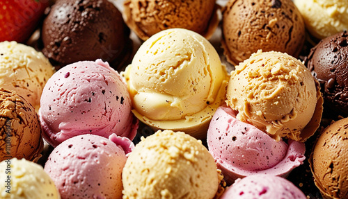 Colorful ice cream scoops in a variety of flavors, including chocolate, vanilla, and strawberry, are beautifully arranged, surrounded by chocolate chips and crumb. Generative AI