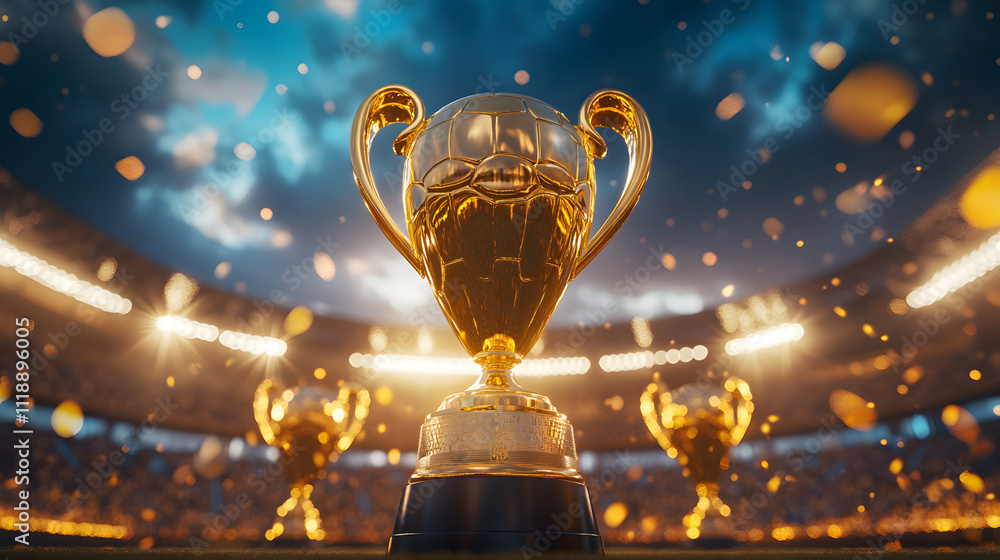 Big one golden champions trophies with big ear on the right side with luxurious effect. Big one golden champions trophies with big ear on the right side with luxurious effect.