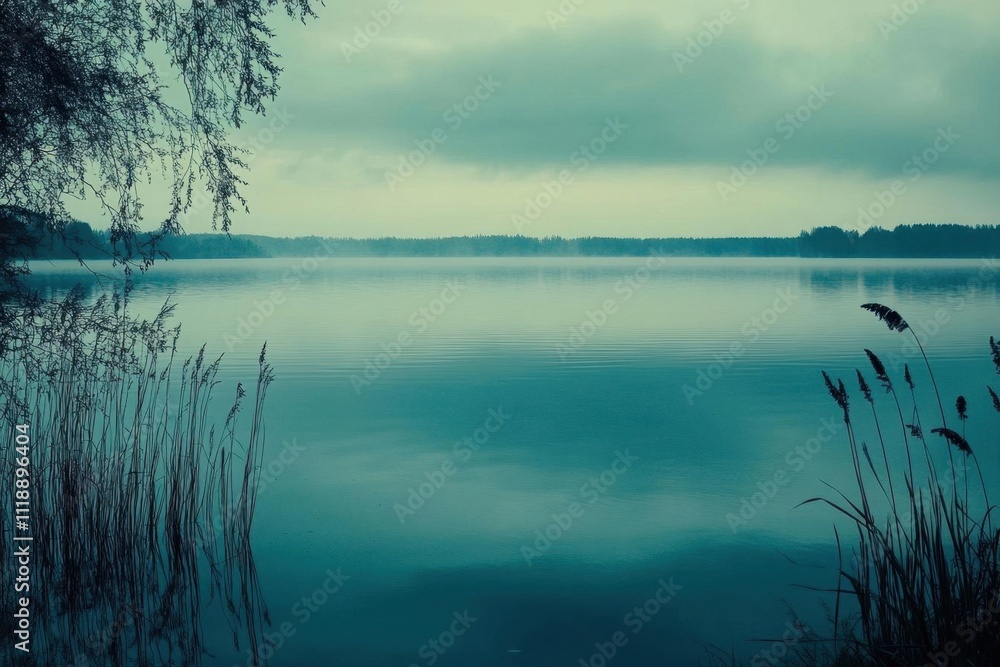 Serene lake view with misty atmosphere and tall grasses at the shore. Serene lake view with misty atmosphere and tall grasses at the shore.