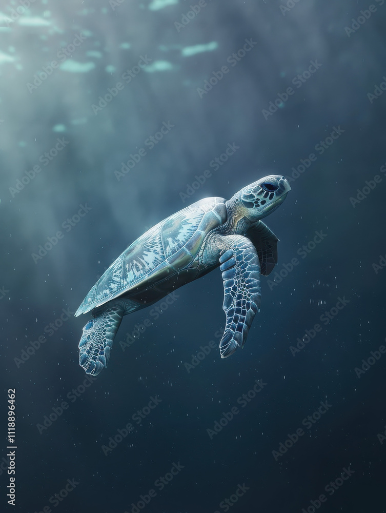 Fototapeta premium A serene underwater scene featuring a turtle gracefully swimming through the ocean.