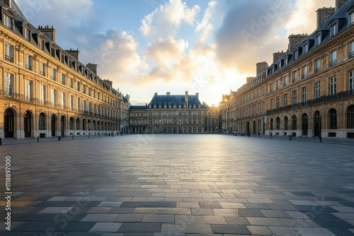 A serene square with historic buildings under a sunset sky.