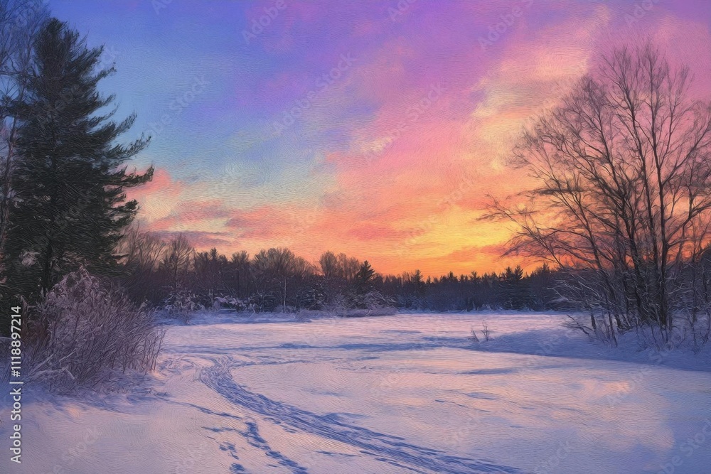 A serene winter landscape at sunset, showcasing snow and trees. A serene winter landscape at sunset, showcasing snow and trees.