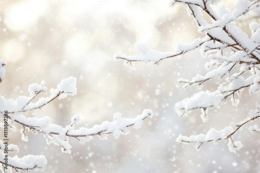 Snow-covered branches in a serene winter landscape. Snow-covered branches in a serene winter landscape.