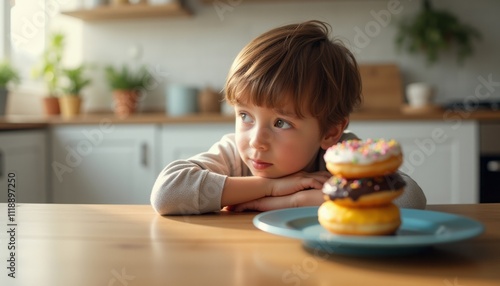 A young boy with tousled hair rests his chin on his arms, gazing longingly at a plate of colorful donuts stacked enticingly in front of him. The warm kitchen setting, filled with soft natural light photo