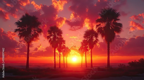 A classic summer scene unfolds with palm trees swaying under a vibrant sunset