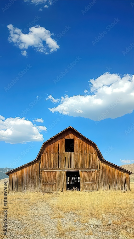 A rustic wooden barn under a blue sky with fluffy clouds. A rustic wooden barn under a blue sky with fluffy clouds.