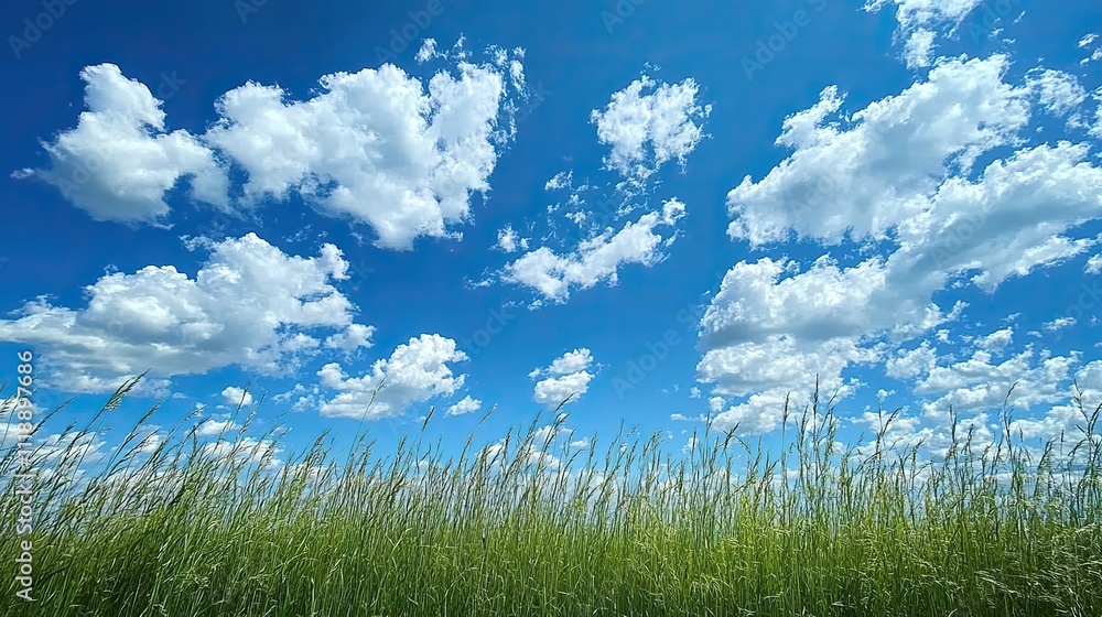 A clear blue sky with fluffy white clouds provides a backdrop for tall grass swaying gently in the breeze A clear blue sky with fluffy white clouds provides a backdrop for tall grass swaying gently in the breeze