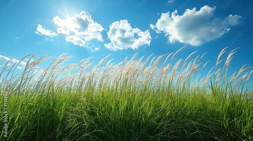 A clear blue sky with fluffy white clouds provides a backdrop for tall grass swaying gently in the breeze A clear blue sky with fluffy white clouds provides a backdrop for tall grass swaying gently in the breeze