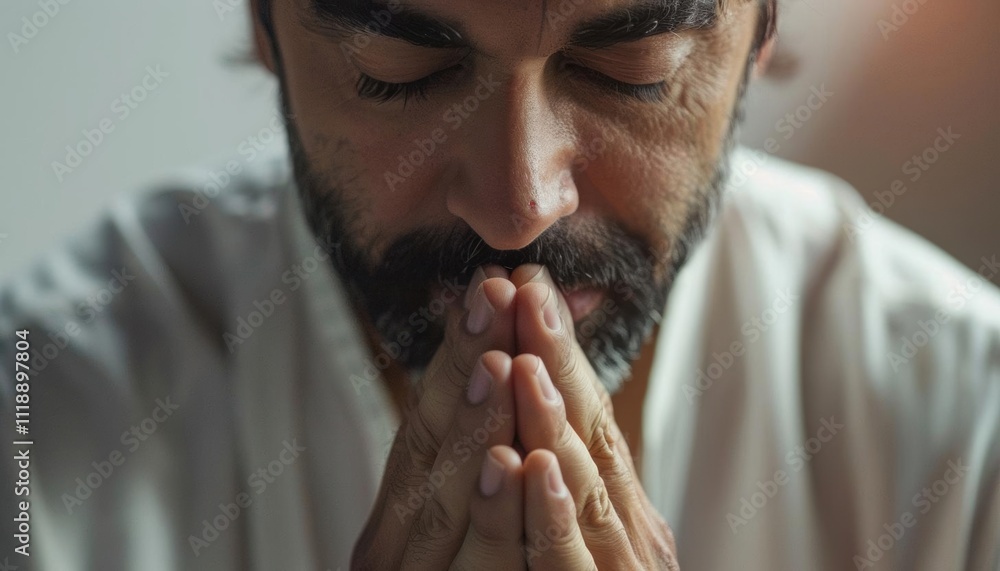 A man in contemplation with hands clasped in prayerful reflection. A man in contemplation with hands clasped in prayerful reflection.