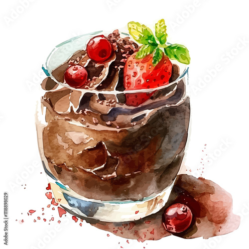 A watercolor drawing of a chocolate mousse, isolated on a white background. Chocolate mousse vector.