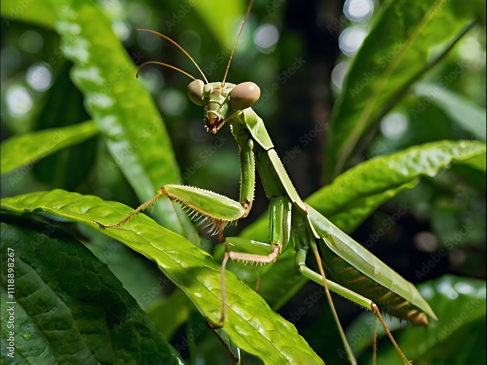 Green Praying Mantis on Lush Tropical Foliage Green Praying Mantis on Lush Tropical Foliage