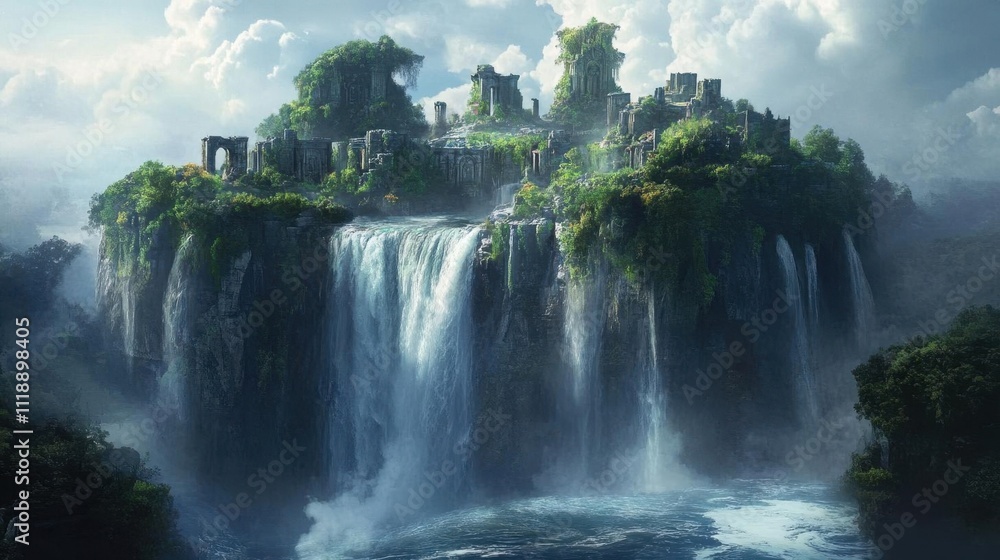 A majestic waterfall cascading over ancient ruins surrounded by lush greenery. A majestic waterfall cascading over ancient ruins surrounded by lush greenery.