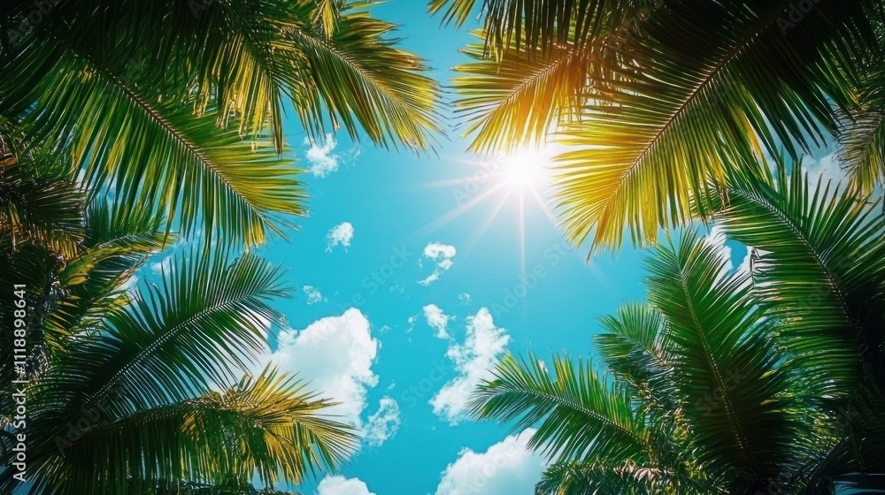 Tropical Scene with Palm Leaves Framing Bright Blue Sky Sunshine Travel Concept Tropical Scene with Palm Leaves Framing Bright Blue Sky Sunshine Travel Concept