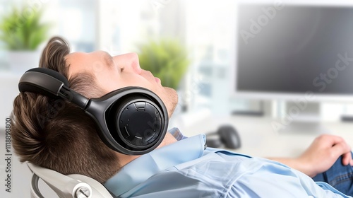 Man wearing noise-canceling headphones, focused and relaxed in a busy office environment, symbolizing the concept of noise cancellation and productivity enhancement. photo