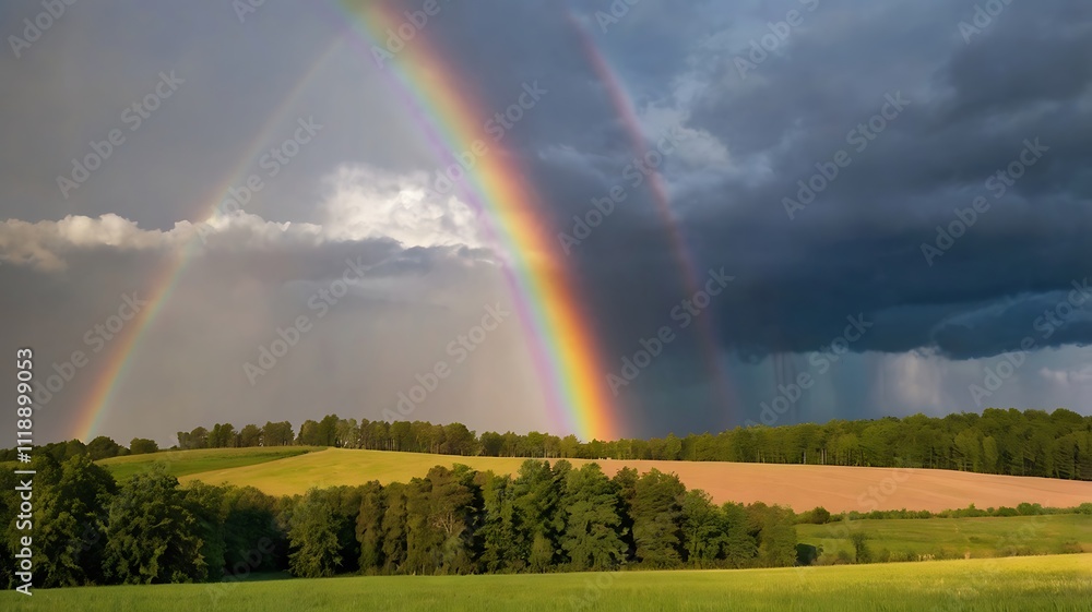 Double Rainbow Arcing Over Rural Landscape Double Rainbow Arcing Over Rural Landscape