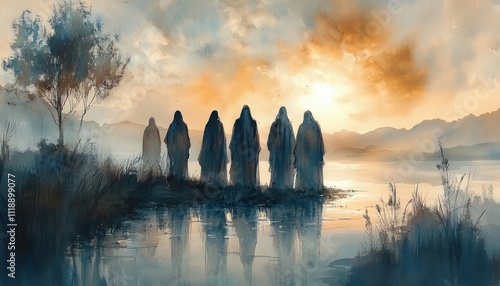 Watercolor Painting of Twelve Disciples by Calm Water at Sunrise in Impressionistic Style