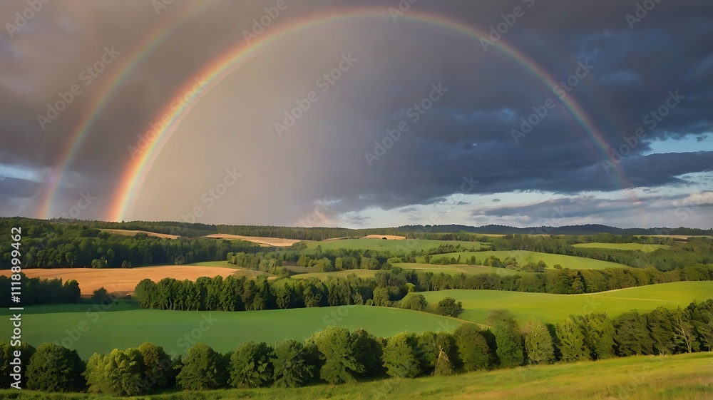 Fototapeta premium Double Rainbow Arcs Over Rolling Green Hills