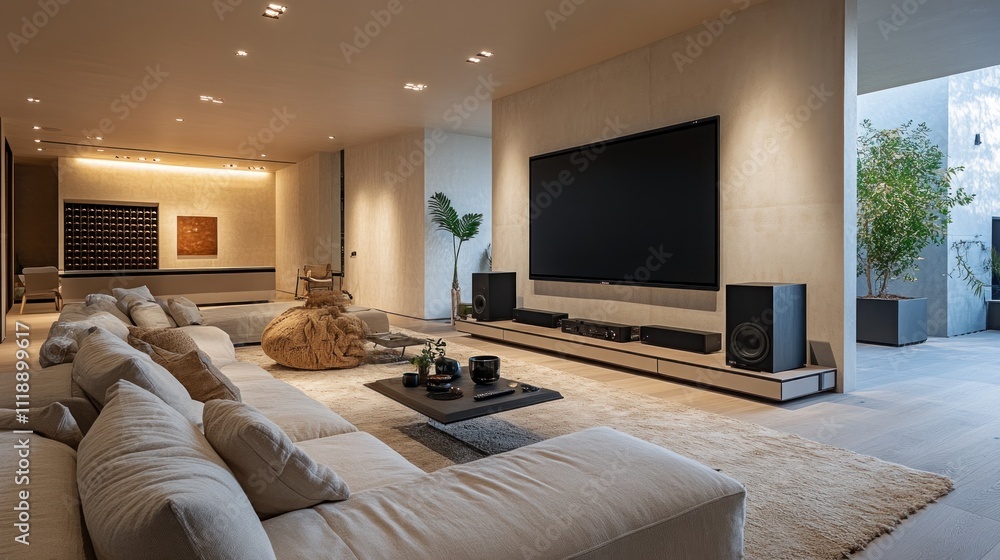 Luxurious minimalist home theater with large screen, beige sofa, and integrated sound system. Luxurious minimalist home theater with large screen, beige sofa, and integrated sound system.