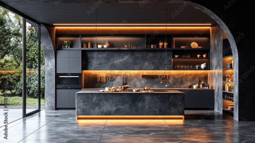 Modern dark kitchen with island, open shelving, and arched doorways leading to a garden. Modern dark kitchen with island, open shelving, and arched doorways leading to a garden.