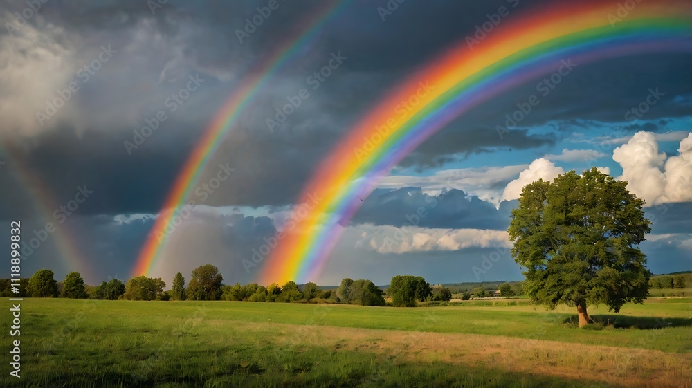 Double Rainbow Arcs Over Lush Green Field And Trees Double Rainbow Arcs Over Lush Green Field And Trees