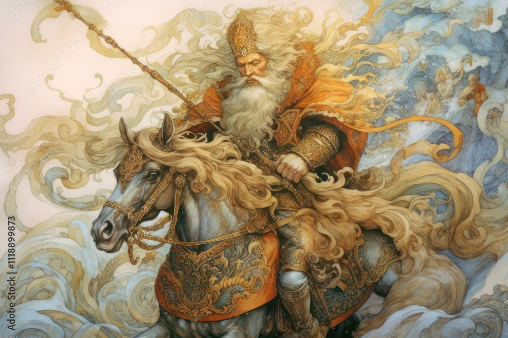 Obraz premium majestic warrior on horseback in epic style. The warrior with a long gray beard and flowing hair is dressed in rich armor and a cloak decorated with complex ornaments. 