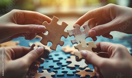 close-up of hands assembling puzzle pieces cooperation teamwork strategy synergy