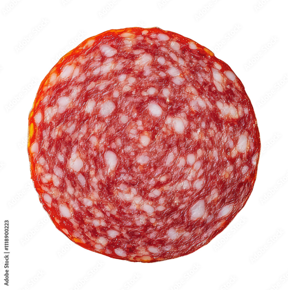 Slices of salami arranged in a circular pattern, cut out - stock png. Slices of salami arranged in a circular pattern, cut out - stock png.