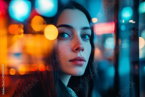 A captivating portrait of a young woman gazing thoughtfully. The colorful background creates an artistic contrast. A moment frozen in time. Generative AI