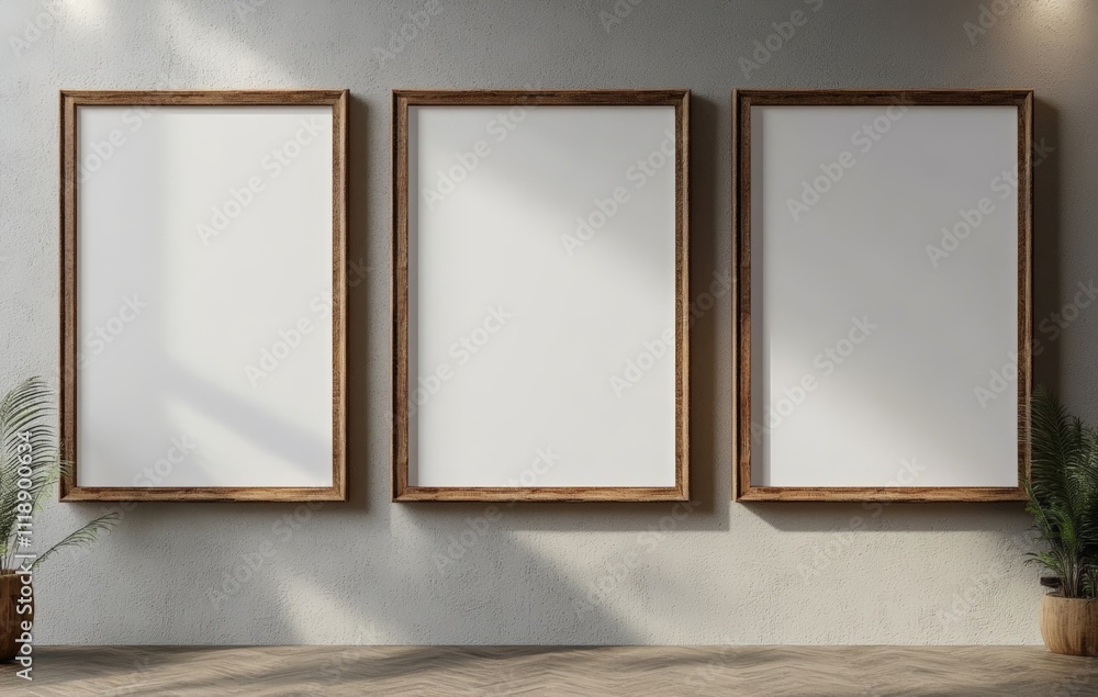 Fototapeta premium Minimalist Art Display with Wooden Frames on Beige Wall in Serene Interior Setting