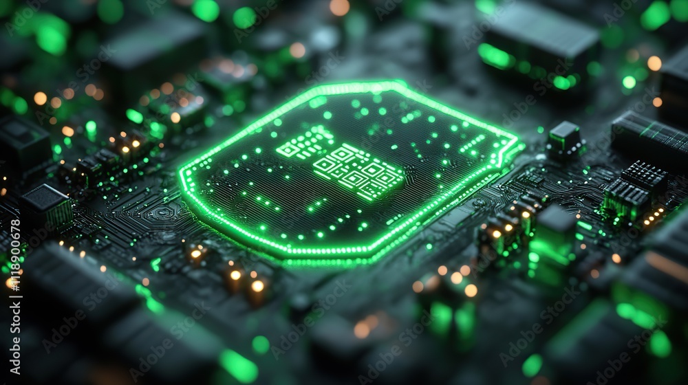 A digital shield, illuminated by vibrant green accents, stands guard against cyber threats, safeguarding data and ensuring online security A digital shield, illuminated by vibrant green accents, stands guard against cyber threats, safeguarding data and ensuring online security